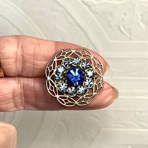 Vtg Atomic Age Brooch MCM Blue Prong Set Rhinestones Silver Tone Filigree Back